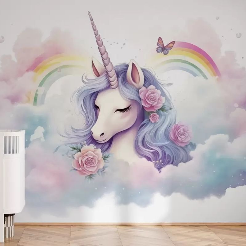 Pastel Unicorn In Clouds With Rainbow