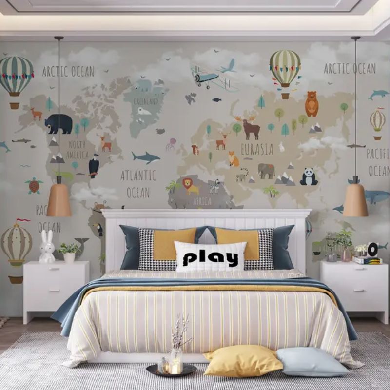 World Map With Animals And Balloons