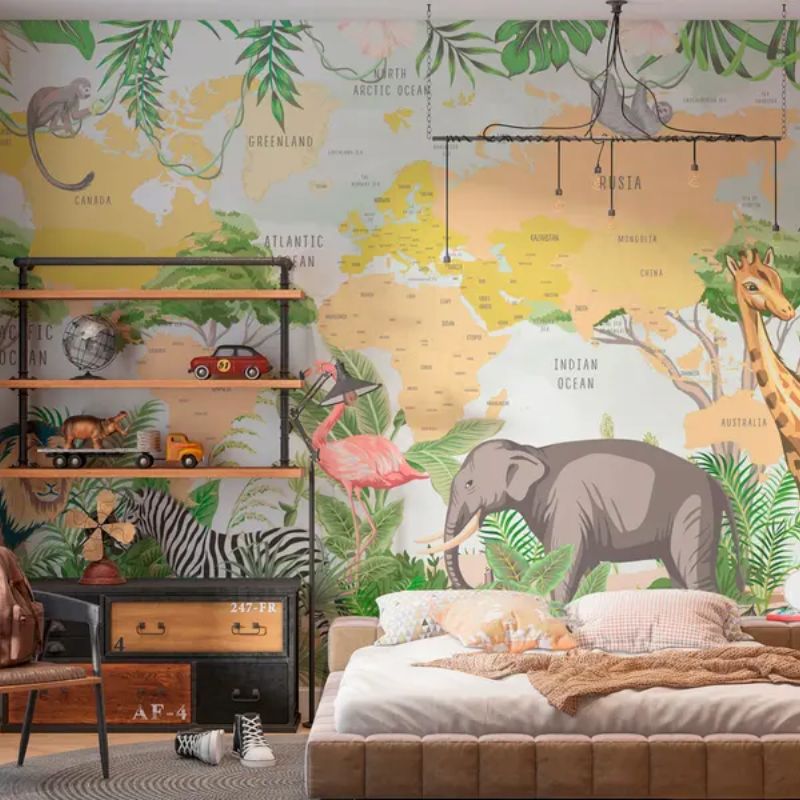 Children's World Map In Tropical Style