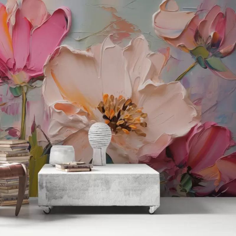 Bright Pink Flowers On A Light Blue Gray