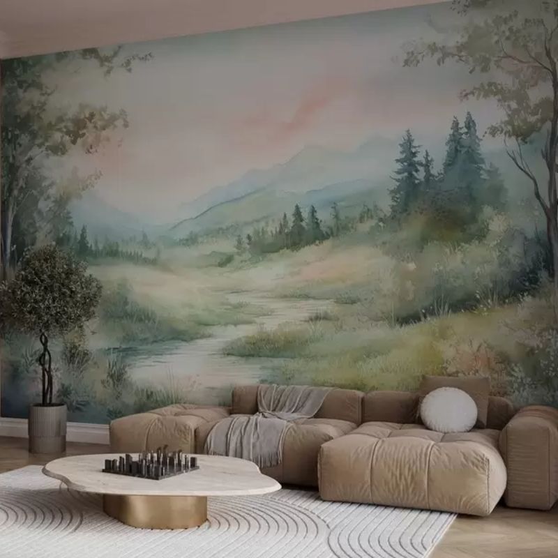 Watercolor Landscape With A Path And Mountains