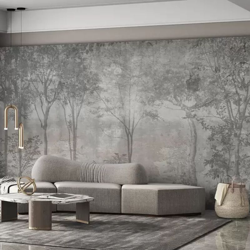 A Painting Of A Forest On A Stone Wall