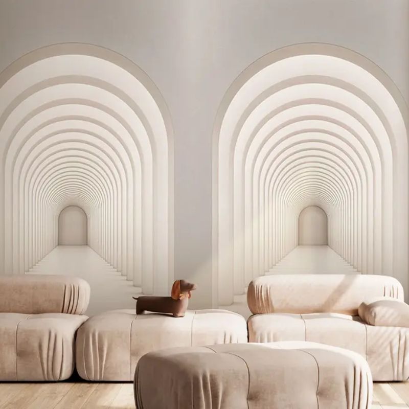 White Concrete Arch Lined Up In A Long Line With Light