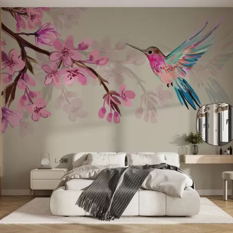 Branch With Pink Flowers And A Bright Bird