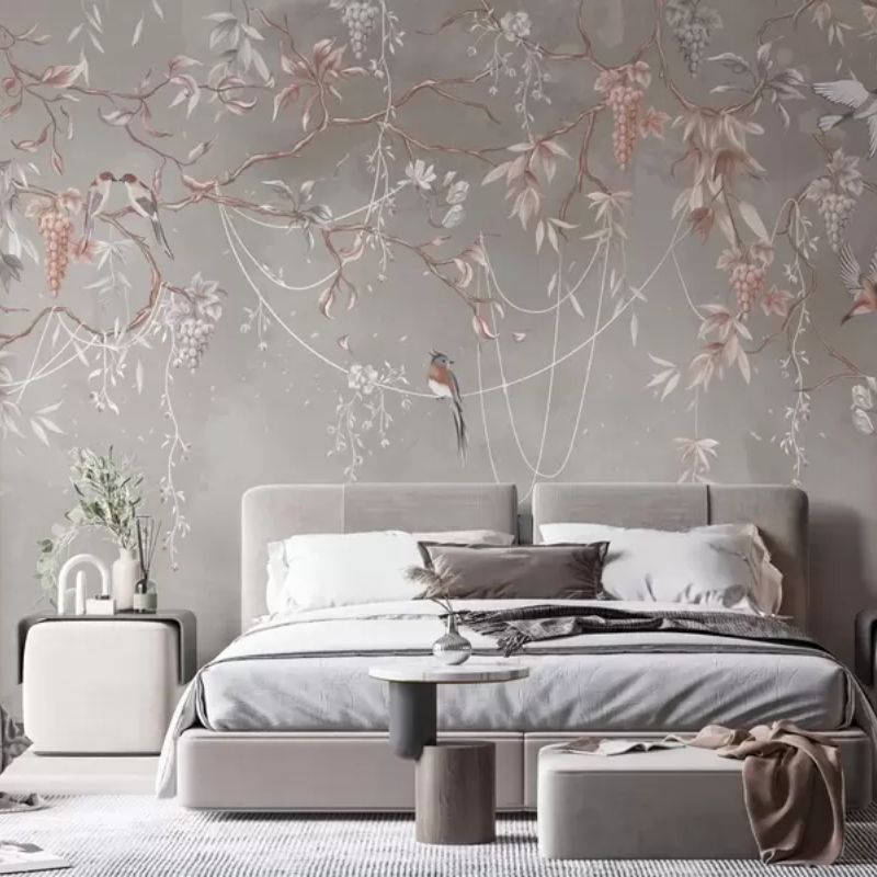 Branches With Grapes And Birds On Warm Gray-Pink Background