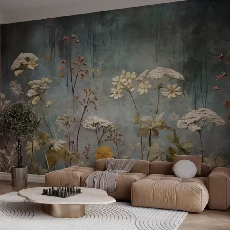 Wild Flowers And Grasses On The Background Of Grunge Wall